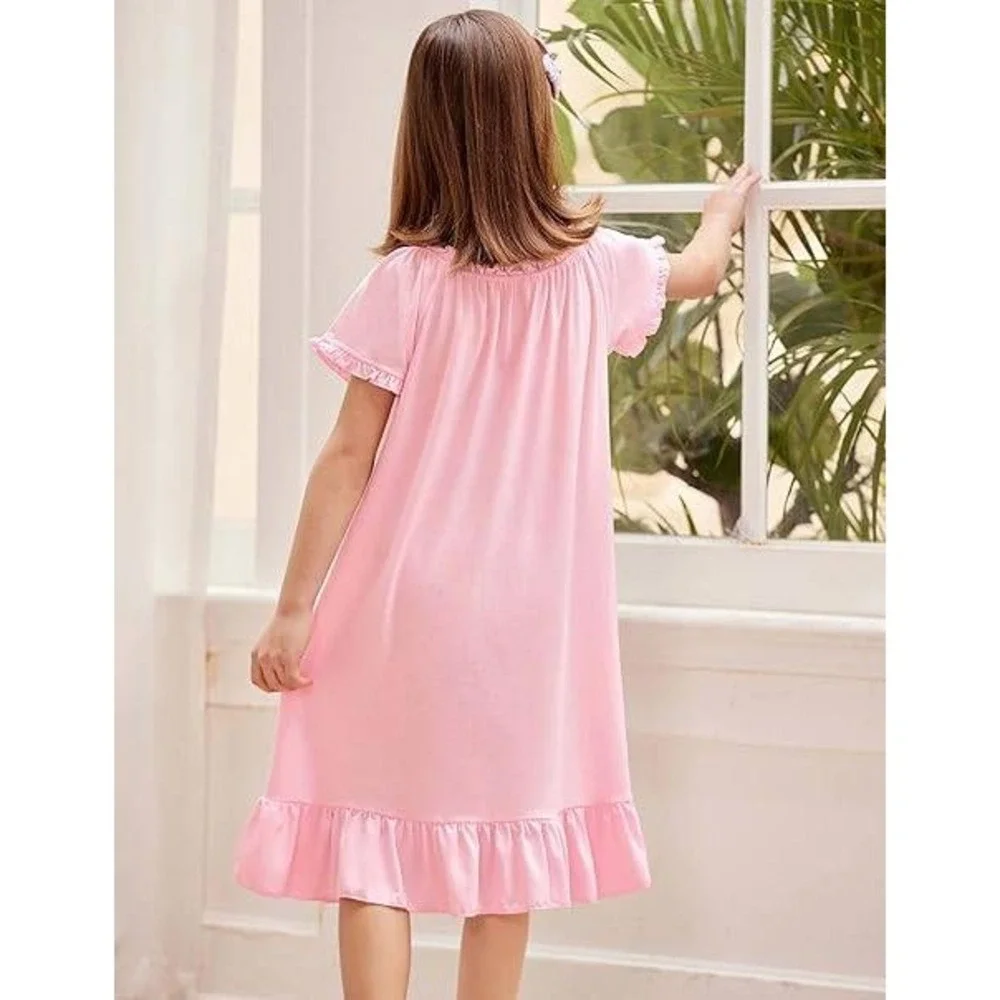 Kids Pink Ruffle Nightgown Short Sleeve Cotton Blend Sleep‎ Dress